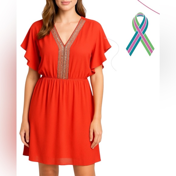 Belle Badgley Mischka Beaded V Neck Boho Chiffon Mini Dress Orange Red Sz 12 - Picture 1 of 13
